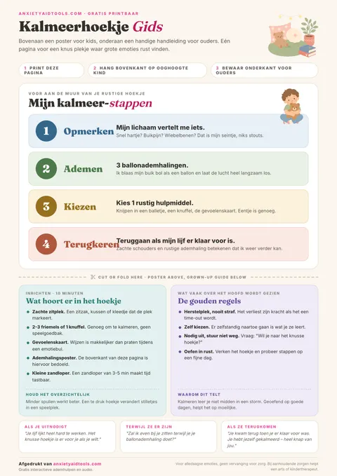 Printbaar kalmeringshoekje pakket met kindvriendelijke poster bovenaan, stippellijn en volwassenengids met materialenlijst en regels onderaan