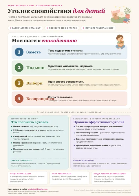 Набор для уголка спокойствия с детским плакатом из четырех пронумерованных шагов, линией отреза и карточками с предметами и правилами для взрослых