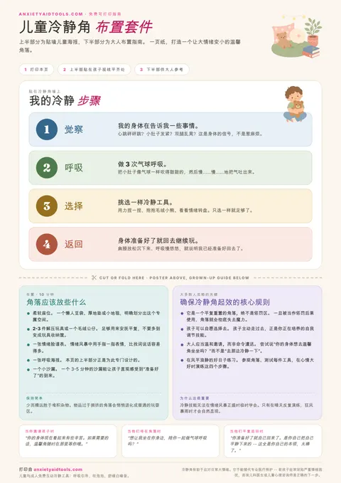 儿童冷静角布置指南打印版，包含展示四个柔和色带编号冷静步骤的儿童海报、一条虚线剪切线，以及列出物资清单和基本规则的家长指南卡片