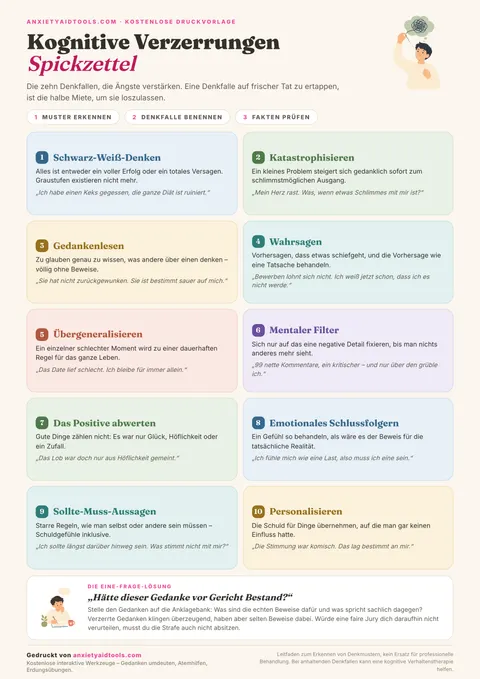 Spickzettel Kognitive Verzerrungen mit zehn Karten für jede Denkfalle inklusive Definition, Beispielsatz und Umformulierungsimpuls am unteren Rand