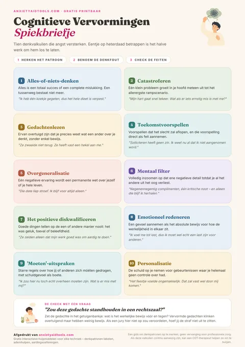 Spiekbriefje cognitieve denkfouten met tien pastelkleurige kaarten, één per denkvalkuil, met definitie, voorbeeldquote en een reflectievraag