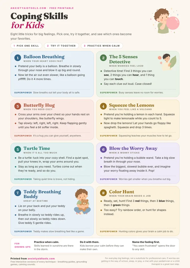 Coping skills for kids printable cheat sheet showing eight pastel skill cards: balloon breathing, the 5 senses detective, butterfly hug, squeeze the lemons, turtle time, blow the worry away, teddy breathing buddy, and color hunt, with a tips strip for grown-ups.