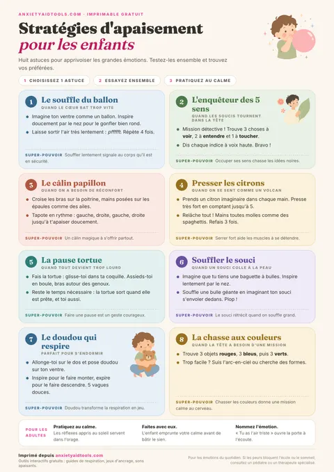 Fiche mémo des compétences d'apaisement pour enfants avec respirations imagées, thermomètre émotionnel et gestes sensoriels