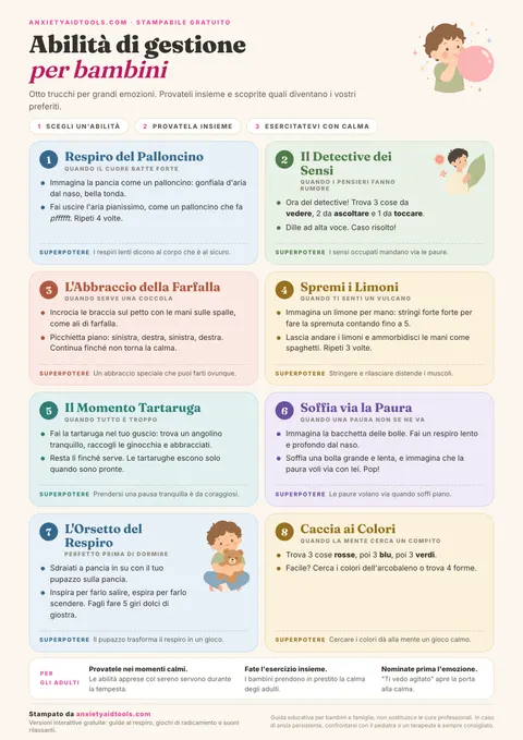 Promemoria stampabile con strategie di calma per bambini con otto schede pastello: respiro a palloncino, detective dei 5 sensi, abbraccio della farfalla, spremi i limoni, momento tartaruga, soffia via la paura, peluche che respira e caccia ai colori.