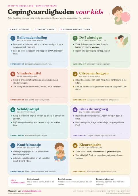 Printbaar spiekbriefje copingvaardigheden voor kinderen met acht pastelkleurige kaarten: ballonademen, zintuigendetective, vlinderknuffel, citroenen knijpen, schildpaddentijd en meer