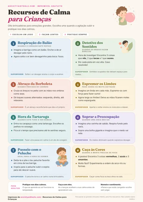 Guia rápido de habilidades de enfrentamento para crianças com oito ilustrações práticas: soprar bolhas, abraço de urso, tartaruga, 5 sentidos, desenho das emoções, dança maluca, copo de água mágica e cantinho seguro