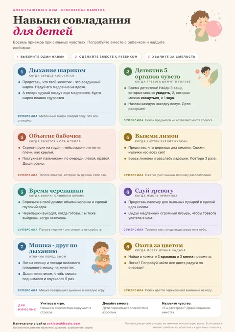 Памятка навыков совладания с тревогой для детей с восемью карточками: дыхание-шарик, детектив пяти чувств, объятия бабочки, выжми лимоны, домик черепашки, сдуй тревогу, плюшевый друг и охота за цветами, а также блок подсказок для взрослых