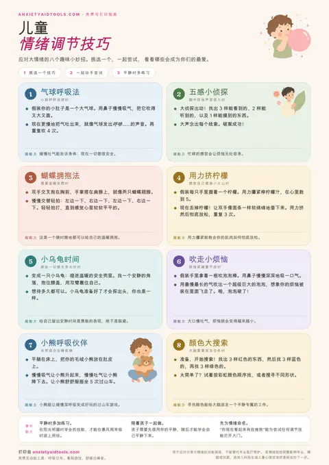 儿童情绪调节技巧速查表，展示八张柔和色卡：气球呼吸、五感小侦探、蝴蝶拥抱、挤柠檬、小乌龟时间、吹走烦恼、小熊呼吸伙伴与颜色大搜索，附带家长贴士栏。