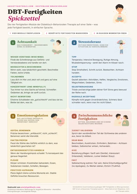 Spickzettel mit DBT-Fertigkeiten über vier Kernmodule: Achtsamkeit, Stresstoleranz, Emotionsregulation und zwischenmenschliche Wirksamkeit mit TIPP, STOPP, ACCEPTS und DEAR MAN