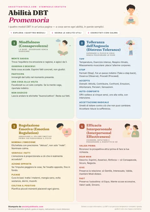 Promemoria abilità DBT che illustra quattro moduli: mindfulness, tolleranza alla sofferenza, regolazione emotiva ed efficacia interpersonale con abilità come TIPP, STOP, ACCEPTS e DEAR MAN