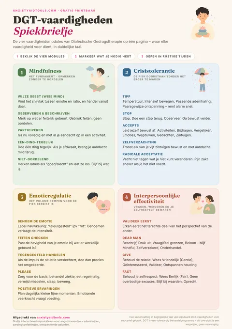 Spiekbriefje DGT-vaardigheden met vier modules: mindfulness, crisistolerantie, emotie-regulatie en interpersoonlijke effectiviteit met o.a. TIPP, STOP, ACCEPTS en DEAR MAN