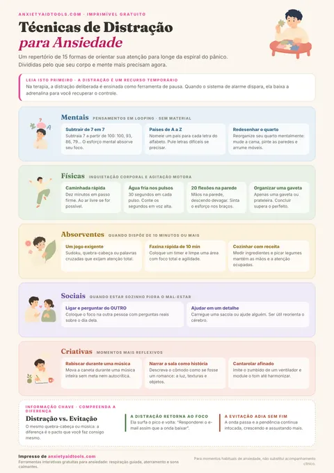Guia rápido de distração saudável com sete técnicas cognitivas e sensoriais: contagem regressiva de 7 em 7, categorias do alfabeto, jogos de observação visual, quebra-cabeças mentais, estímulos táteis e tarefas manuais