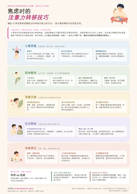 焦虑时的注意力转移技巧速查表，包含解释转移是一门技能的准许栏、五个类别色块（心智、肢体、沉浸、社交、创造）及各技巧卡片，以及区分转移与逃避的事实对比框。