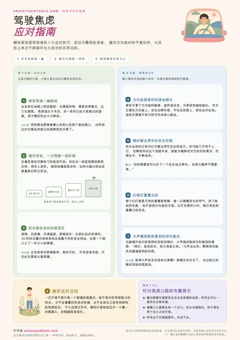 驾驶焦虑速查表，涵盖路线预演、脱敏阶梯、车内环境设置、方向盘锚定、红灯重置及高速公路应对要点