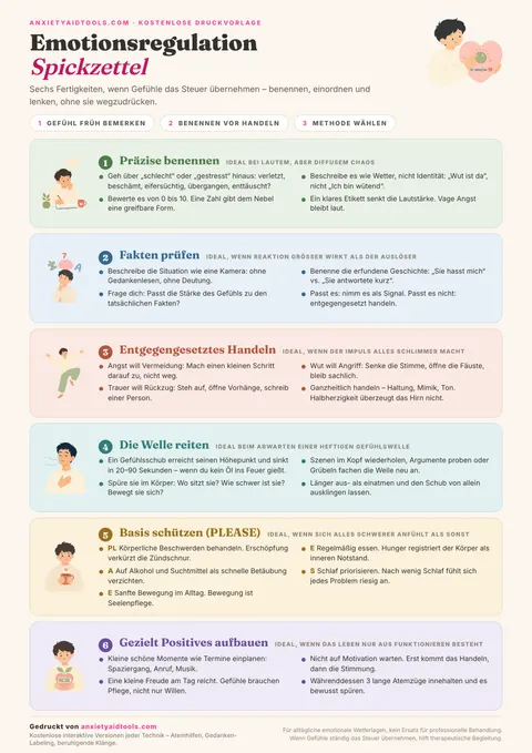 Spickzettel Emotionsregulation mit sechs Abschnitten: Präzise benennen, Fakten prüfen, Entgegengesetztes Handeln, Die Welle reiten, Grundlagen schützen (PLEASE) und Positives aufbauen