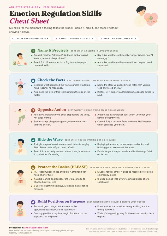 Printable emotion regulation skills cheat sheet with six pastel bands: name it precisely, check the facts, opposite action, ride the wave, protect the basics with PLEASE, and build positives on purpose.