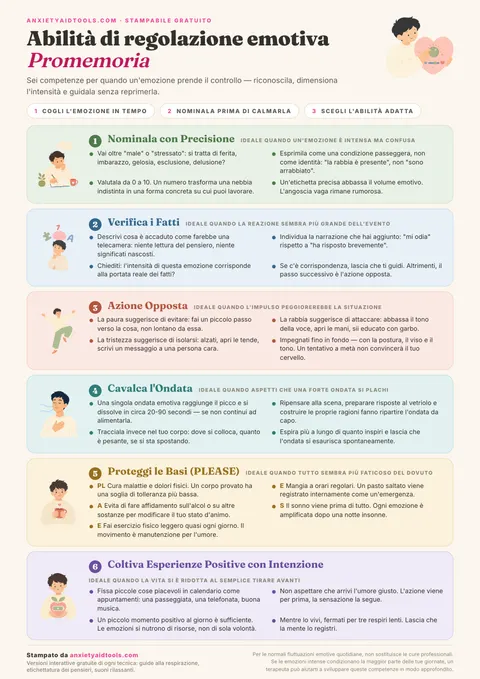 Promemoria stampabile sulle abilità di regolazione emotiva con sei fasce pastello: nominare con precisione, verificare i fatti, azione opposta, cavalcare l'onda, curare le basi con PLEASE e creare momenti positivi.