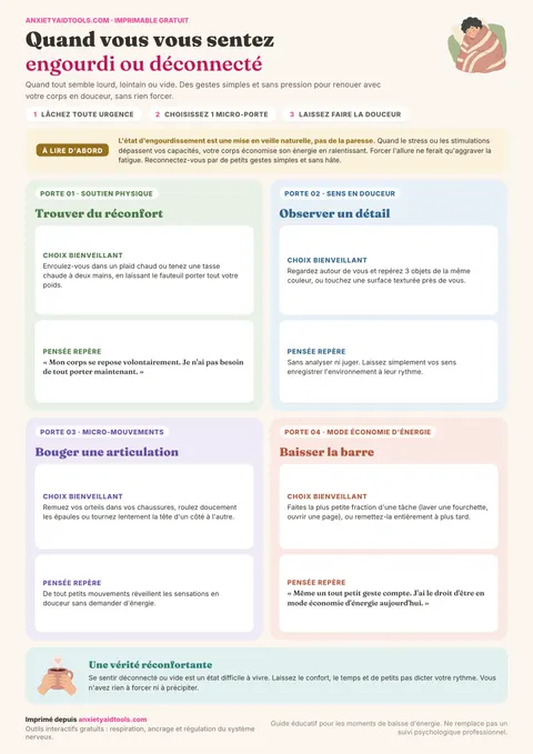 Fiche mémo pour l'état d'engourdissement avec 4 portes douces de reconnexion corporelle, sensorielle, motrice et mode basse consommation