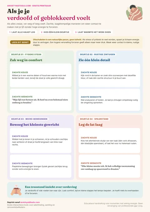 Printbare spiekbrief getiteld Als Je Je Afgesloten of Verdoofd Voelt, met uitleg over de shutdown-stand, vier pastelkleurige ingangen en milde hersteltips.
