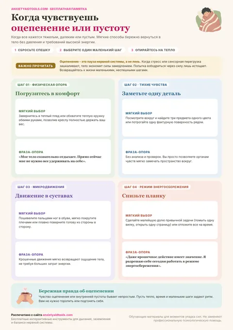 Шпаргалка «Когда чувствуешь оцепенение или пустоту» с переосмыслением упадка сил, четырьмя мягкими шагами и бережным напоминанием о восстановлении