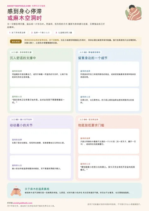 情感麻木与停滞平复指南速查表，涵盖物理支撑、微弱感官、极小动作和低功耗模式四大入口