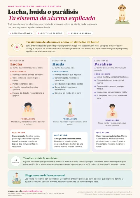 Guía de lucha, huida y bloqueo que explica el sistema de alarma corporal, los síntomas físicos de cada estado, pautas de ayuda y la respuesta de complacencia.