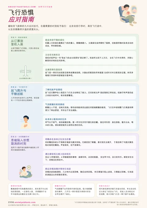 飞行恐惧速查表，涵盖行前准备、机舱常见异响解析、颠簸真相、感官接地与安全数据
