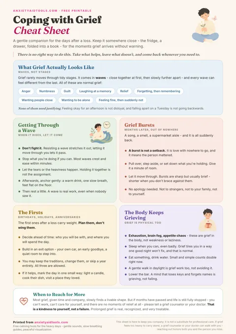 Coping with grief cheat sheet: a one-page printable covering what grief actually looks like, getting through a wave, grief bursts, the firsts, how the body keeps grieving, and when to reach for more help.