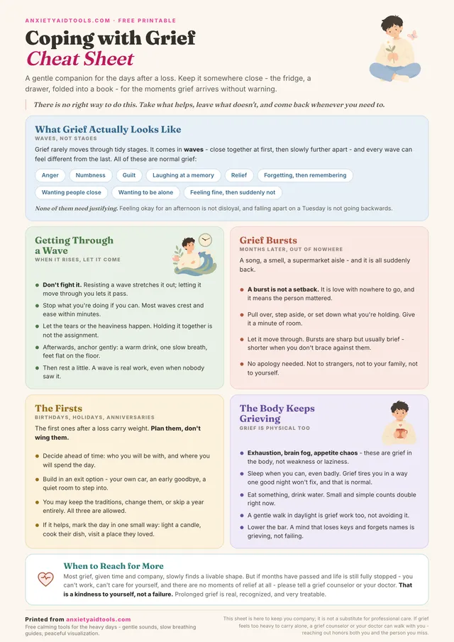 Coping with grief cheat sheet: a one-page printable covering what grief actually looks like, getting through a wave, grief bursts, the firsts, how the body keeps grieving, and when to reach for more help.