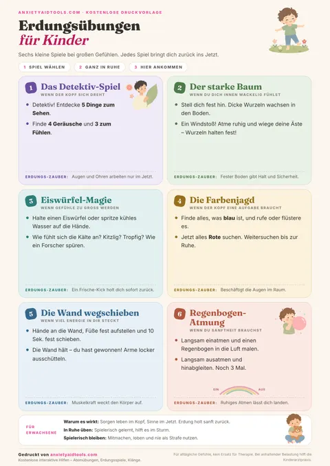 Spickzettel Erdungstechniken für Kinder mit sechs farbigen Spielkarten: Detektivspiel, Starker Baum, Eiswürfel-Zauber, Farb-Suchspiel, Wand wegschieben und Regenbogen-Atmung sowie Hinweisen für Erwachsene
