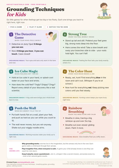 Grounding techniques for kids cheat sheet showing six pastel game cards: the Detective Game, Strong Tree, Ice Cube Magic, the Color Hunt, Push the Wall, and Rainbow Breathing, plus a strip of tips for grown-ups.