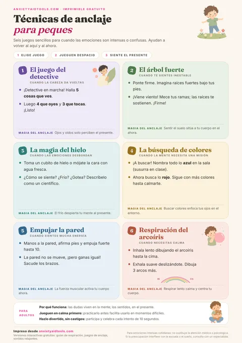 Guía de técnicas de anclaje para niños con seis tarjetas de juegos: El juego del detective, Árbol fuerte, Magia con hielo, Búsqueda de colores, Empujar la pared y Respiración del arcoíris, más pautas para adultos.
