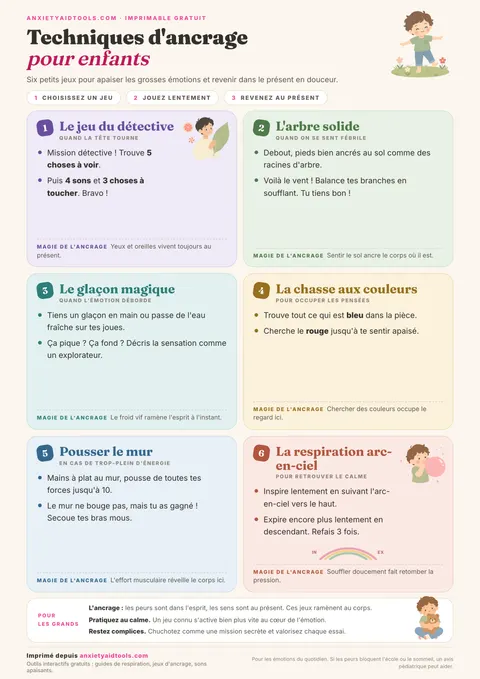 Fiche mémo des techniques d'ancrage pour enfants avec 6 jeux illustrés, explications bienveillantes et conseils pour les adultes