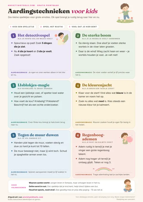 Aardingstechnieken voor kinderen spiekbrief met zes pastelkleurige spelkaarten (Detectivespel, Sterke Boom, IJsklontjes Magie, Kleurenzoektocht, Duw de Muur, Regenboogademhaling) en tips voor volwassenen.