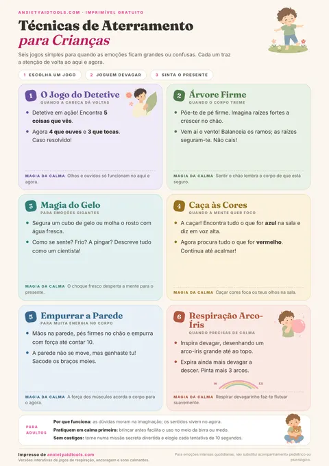 Guia rápido de aterramento para crianças com 7 brincadeiras ilustradas: pés de elefante, radar dos 5 sentidos, sopro do leão, pose da árvore firme, pedra mágica, abraço borboleta e copo de água