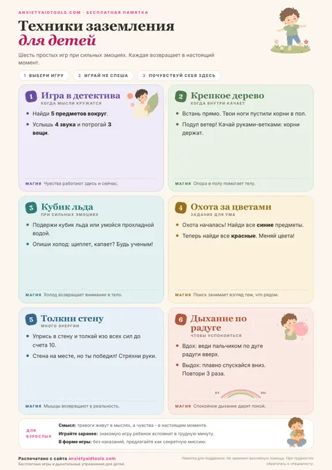 Шпаргалка по техникам заземления для детей с шестью карточками игр: Игра в детектива, Могучее дерево, Магия кубика льда, Охота за цветами, Толкни стену и Дыхание по радуге, плюс советы взрослым