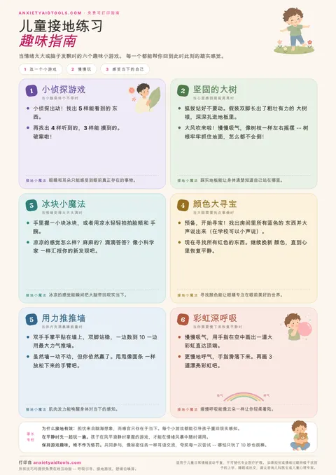 儿童接地练习指南，包含侦探游戏、坚固大树、冰块魔法、颜色寻宝、推墙游戏和彩虹呼吸