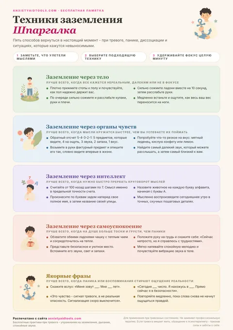 Шпаргалка по техникам заземления с пятью иллюстрированными категориями: тело, органы чувств, интеллект, самоуспокоение и якорные фразы