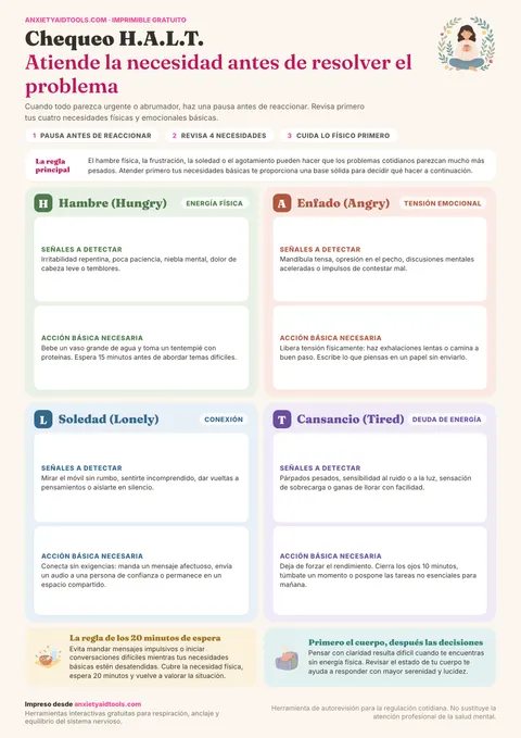 Guía de chequeo HALT con cuatro cuadrantes de colores para Hambre, Enfado, Soledad y Cansancio, con señales corporales y respuestas inmediatas.