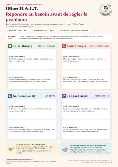 Fiche mémo du bilan H.A.L.T. avec les 4 cadrans : Faim, Colère, Solitude, Fatigue, signaux d'alerte et règle des 20 minutes