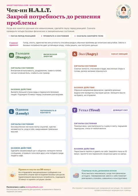 Шпаргалка чек-ина H.A.L.T. с четырьмя цветными карточками для голода, злости, одиночества и усталости, признаками состояний и быстрыми действиями