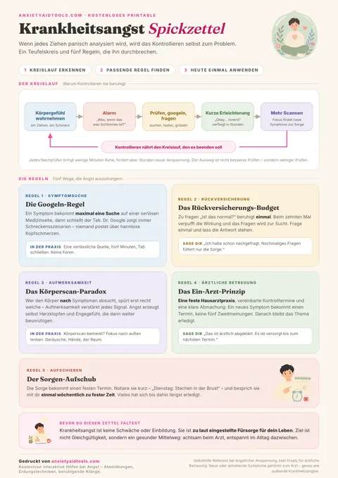 Spickzettel Krankheitsangst mit Diagramm der Kontrollschleife, fünf Verhaltensregeln zu Googeln, Rückversicherung und Körperscans sowie abschließendem Mutmacher