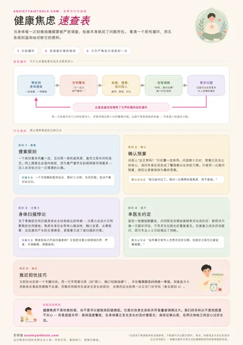 健康焦虑速查表，展示从察觉身体感觉开始的五步检查循环图，五张关于搜索、寻求确认、身体扫描、单医生约定和推迟担忧的规则卡片，以及充满关怀的结语。