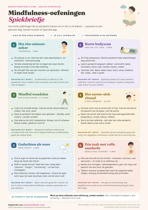 Spiekbriefje mindfulness-oefeningen met zes oefenkaarten: één-minuut anker, bodyscan lite, mindful wandelen, eerste-slok ritueel, gedachten als weer en één taak voluit