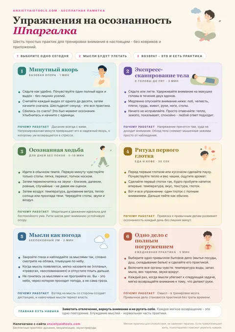 Шпаргалка с шестью упражнениями на осознанность: минутный якорь, легкое сканирование тела, осознанная ходьба, ритуал первого глотка, мысли как погода и одно дело с полным погружением
