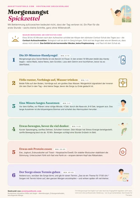 Morgenangst Spickzettel mit Erklärung der Cortisol-Aufwachreaktion und 6 Schritten: 10-Minuten-Handypause, Füße auf den Boden, Ausatmung, Bewegung, Protein und Sorgen-Termin