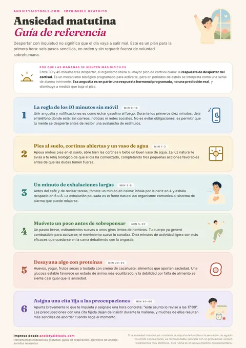 Guía para la ansiedad matutina con panel informativo sobre el cortisol y seis pasos numerados en tonos suaves para la primera hora, desde la regla del móvil de 10 minutos hasta agendar la preocupación.