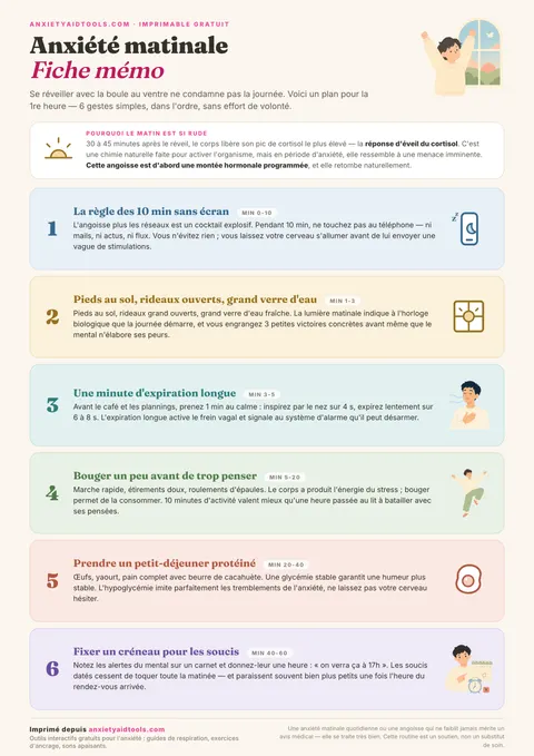 Fiche mémo contre l'anxiété matinale avec courbe de cortisol, étapes de réveil progressif et rituels sans écran
