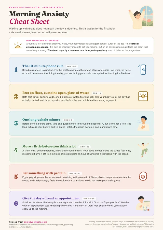 Morning anxiety cheat sheet with a fact box explaining the cortisol awakening response and six numbered pastel steps for the first hour, from the 10-minute phone rule to giving the day's dread an appointment