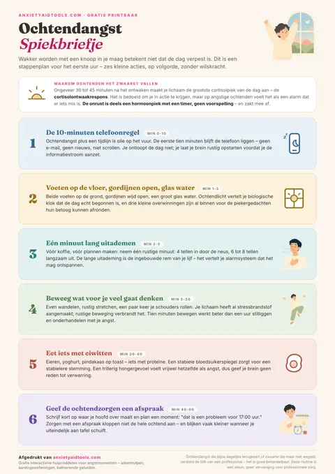 Spiekbriefje ochtendangst met feitenkader over de cortisolpiek bij het ontwaken en zes genummerde stappen voor het eerste uur